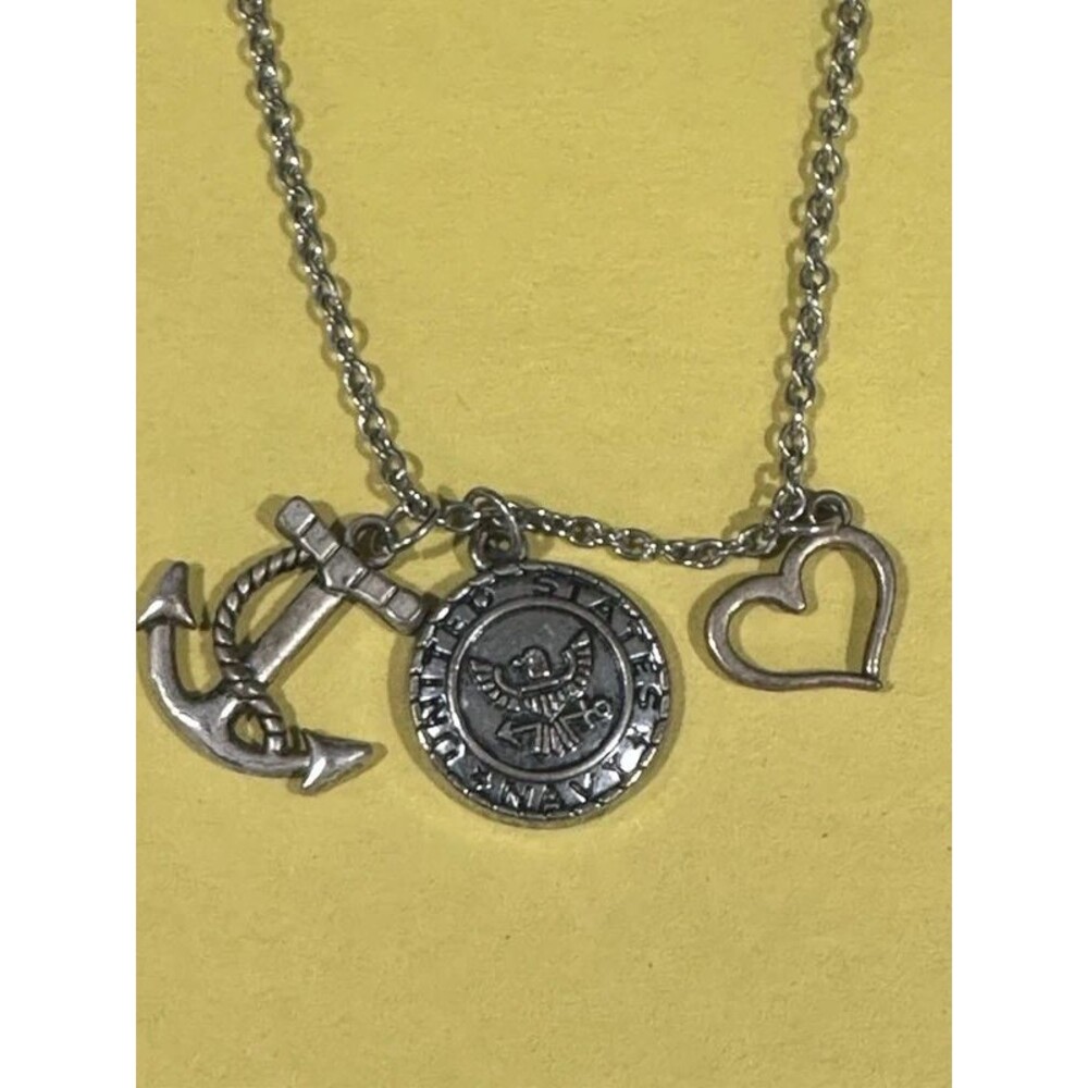 Navy Military Nautical Charm Necklace Anchor Heart Eagle Silver Tone 22”